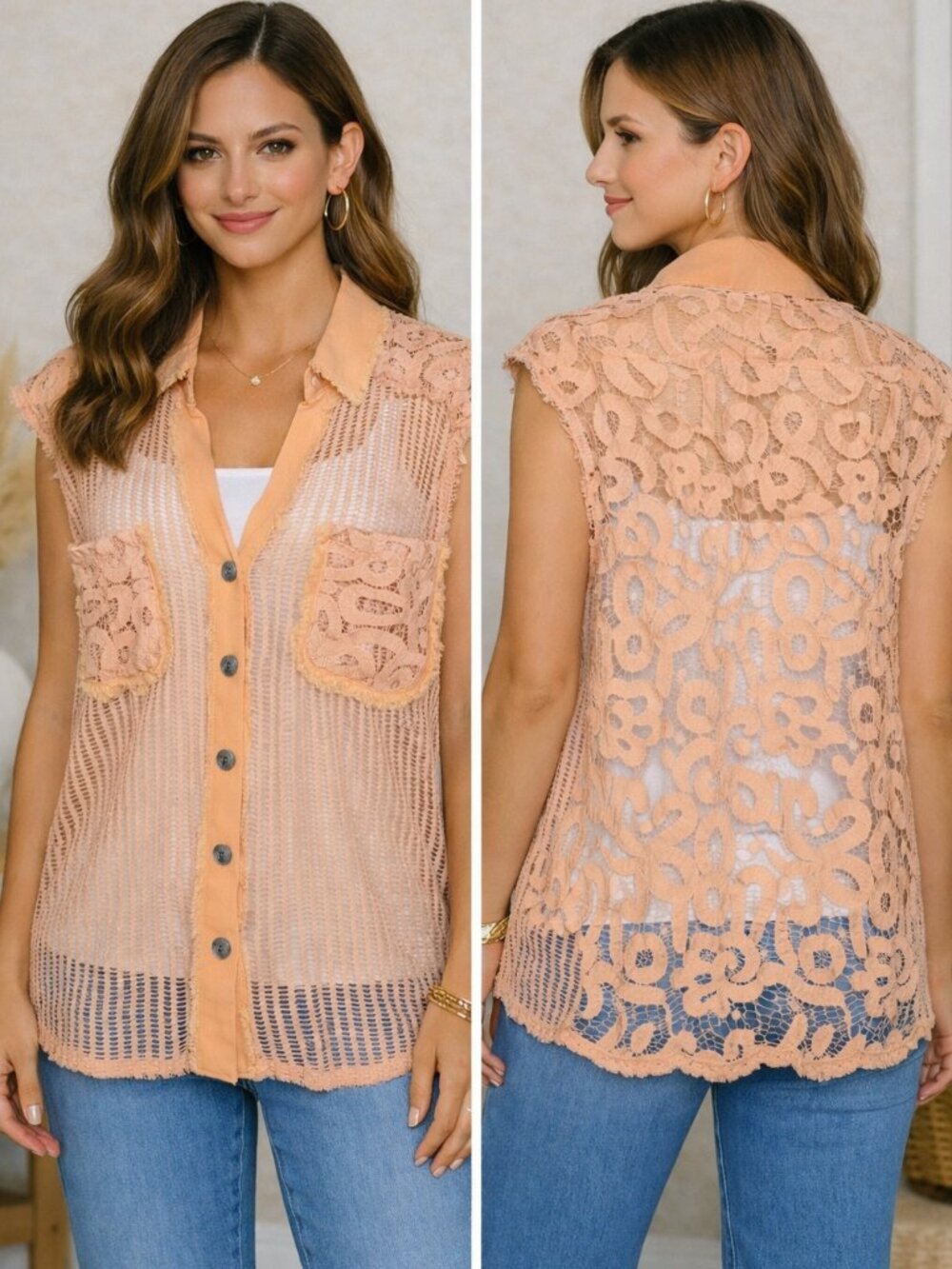 POL Peach Lace Denim Vest M Cotton Layering Shacket Boho Button Down NWOT